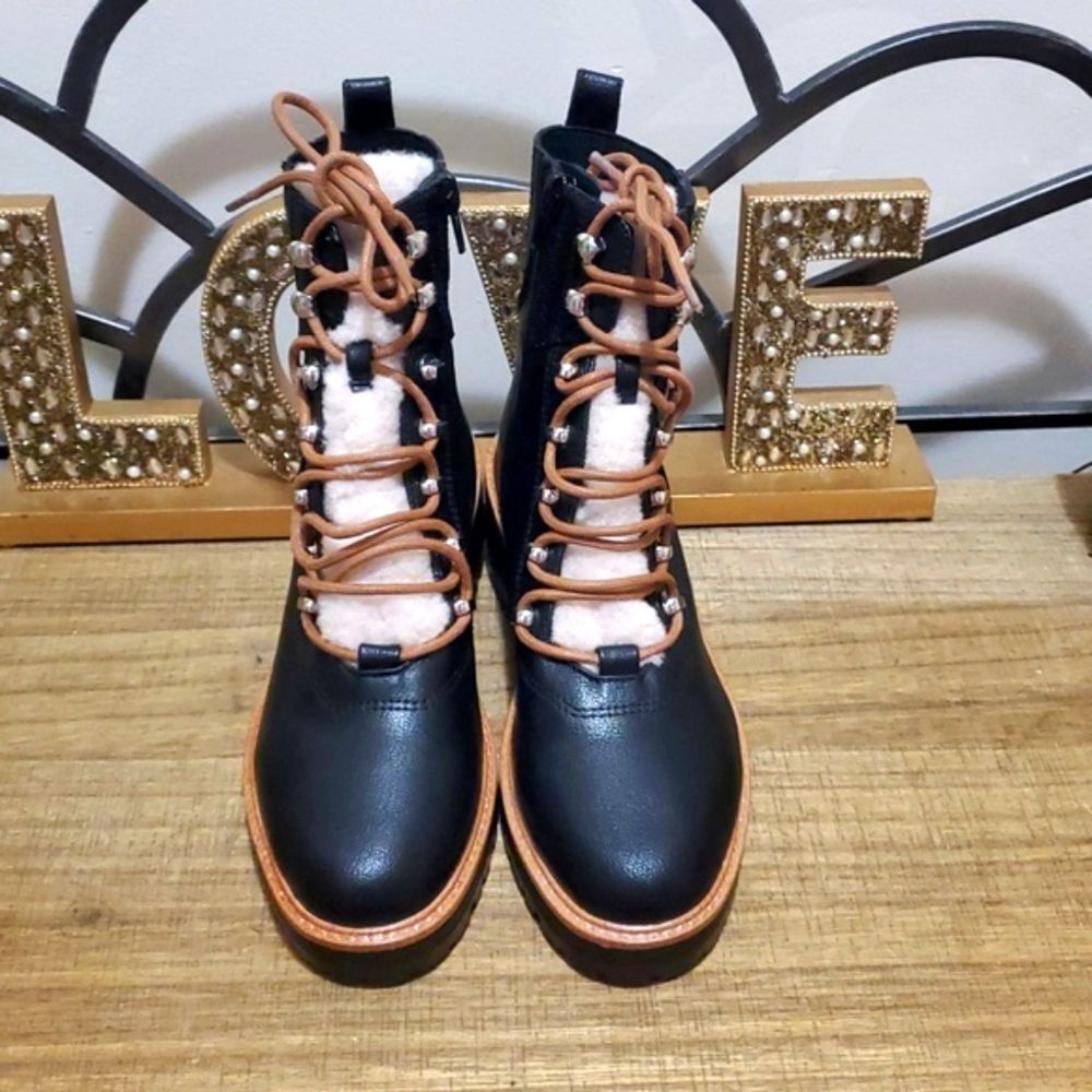 Nine West Ivani Women's Faux Shearling Black Side Zip Combat Boots Sz 6M Boho